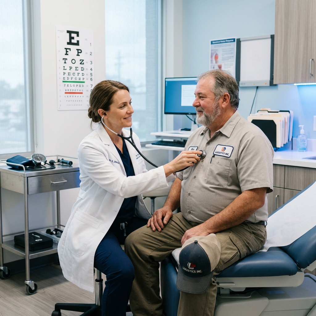 Médico evaluador examinando a un chofer profesional en un consultorio moderno